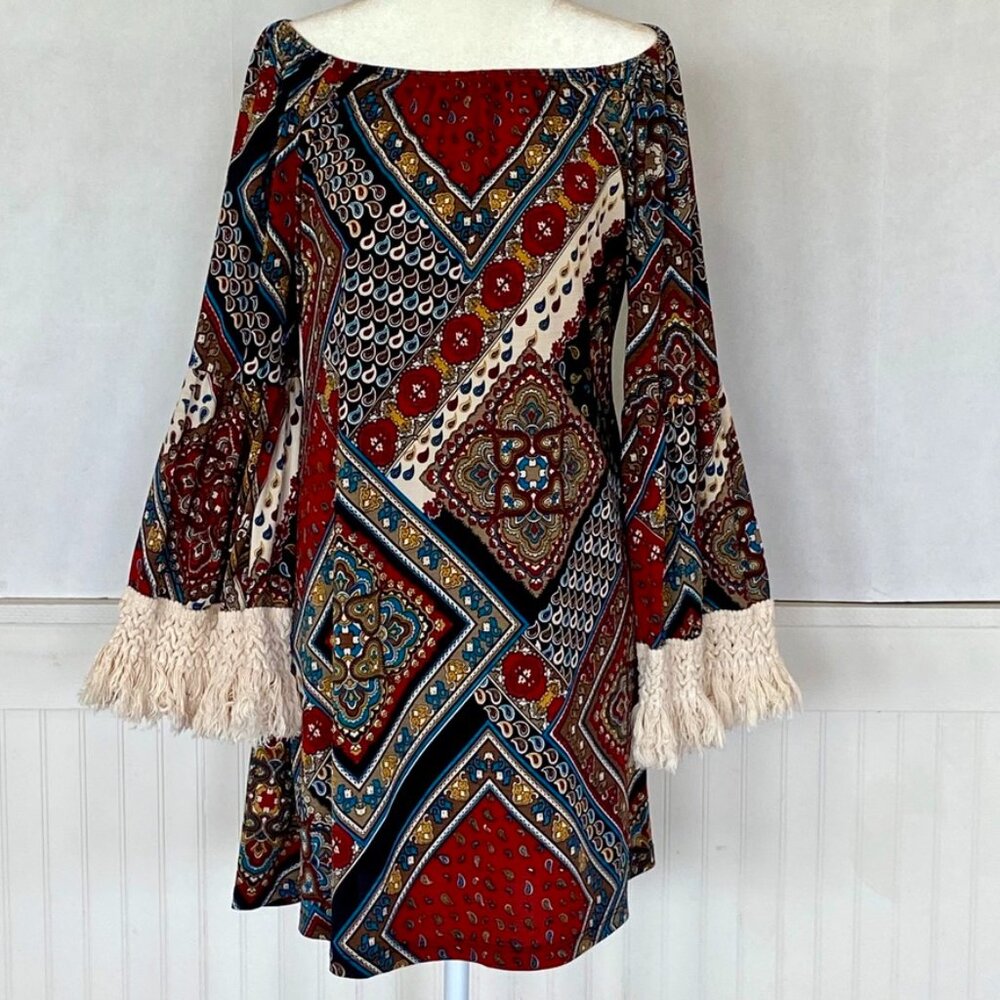 Vintage 60’s, 70’s Paisley Mini Dress Bell Sleeves with Crocheted Trim Sz M
